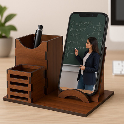 Print Ginnie 3 Compartments MDF Pen Stand /Pen Holder/ Mobile Stand(Desk Organizer Multipurpose Office Pen Holder & Stationery Storage Box Brown)