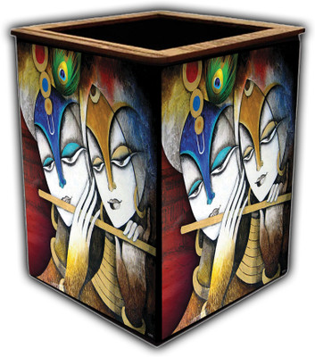 pnf 1 Compartments wooden Colourful Wooden Pen Stand with photo of Radha Krishna -1811(Multicolor)