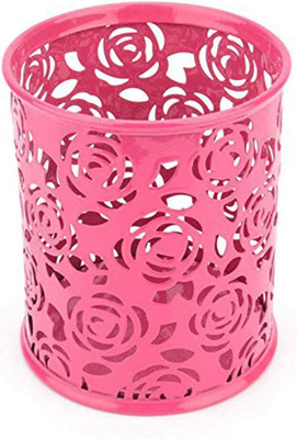 FRKB 1 Compartments Metal Fuschia Pink Floral Design Desk Organizer Pen Stand for Office Study Table(Fuschia Pink)