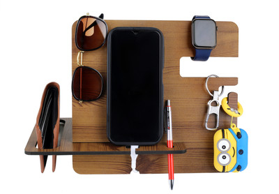 Expro 5 Compartments Wooden Wooden 5 In 1 1 Pen Holder, Moblie, SmartWatch,Spectacles Table Organizer(Brown)