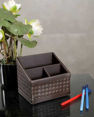 AARVIDECOR 3 Compartments Faux Leather Office Tabletop Storage Box(Brown)