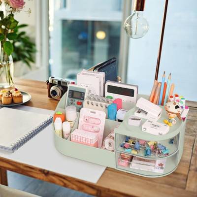 RABBONIX 8 Compartments Plastic Multipurpose Desk Organiser For Pen, Mobile, Sticky Note, Business Card, Remote(Green)