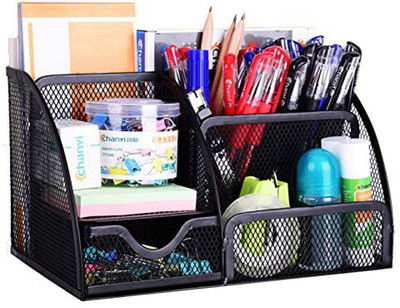 Excite Shoppers 6 Compartments Metal Quality Mesh Desk Organizer Pen Holder and Mobile Stand for office and students(Black)