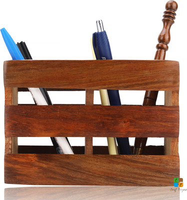 Craft Cooper 2 Compartments Wood Wooden desk organizer||Pen Holder||Desk organiser||Mobile Holder(Brown)