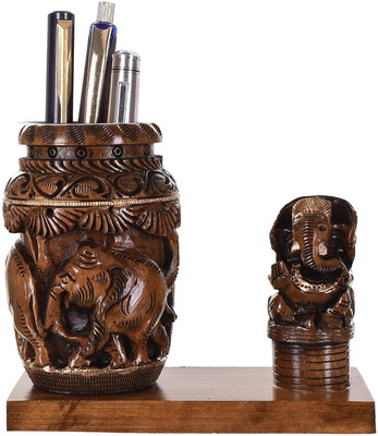 MVSons 1 Compartments Wood Wooden Pen Stand(Brown)