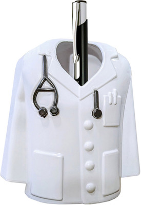UJJi 1 Compartments Plastic Doctor Coat Shape Desk Pen Holder with 1 Metal Pen(White)