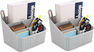 Eagean 5 Compartments Plastic Desktop Pen Stand Office Supplies Bedroom Accessories Pack Of 2 Multipurpose Holder(Grey)