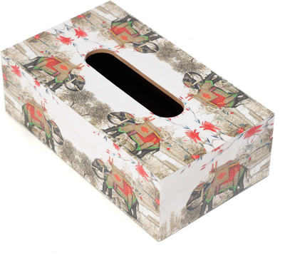 DULI 1 Compartments Elephant Print Tissue Box - MDF Wood Napkin Holder Dining Table (24x14x8 cm)(White, Red)
