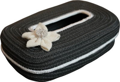 AURKA 1 Compartments PP & Cotton Blend Tissue Box Holder Dark Gray(Oval Tissue Box Holder 3x5x11.7 Inch White Flower & Line Design 100 Pulls)