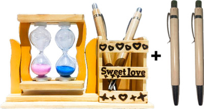 Hackspack 2 Compartments Wooden Pencil holder showpiece with pen(Multicolor)