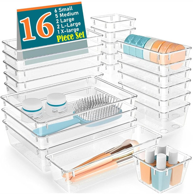 Nurah 16 Compartments Plastic Drawer Organiser(Transparent)