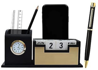 Sambhuya 2 Compartments Wooden Desk Organizer with Pencil Holders With Wooden Calender Pen Stand(Black)