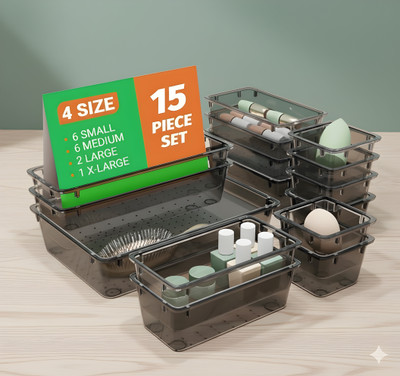 TENIDO 15 Compartments Plastic Drawer organizers, Dressing Table Organizer & Make up Organizer(Gray)