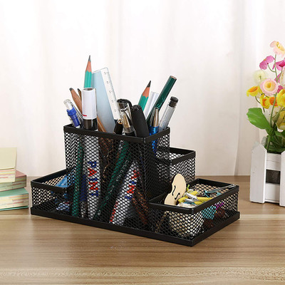 Wrixty 4 Compartments Metal Pen Holder(Black)