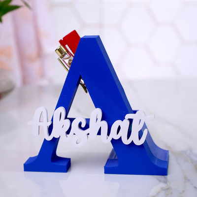 MOSKAI 1 Compartments PLA (Bio-Degradable) Custom Initial & Name Pen Stand(Blue & White)