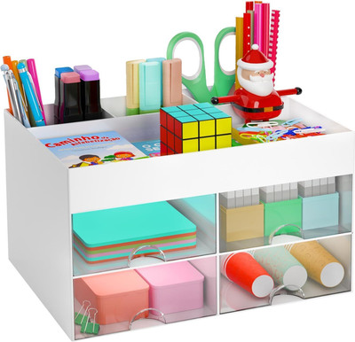 Kienlix 4 Compartments Plastic Multi-Functional Desk Organizer With 4 Compartments & 4 Drawer Desktop Office(White)