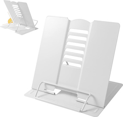 befunky 1 Compartments Metal Desktop Book Stand Holder for Reading Hands Free, Durable Metal Adjustable(White)