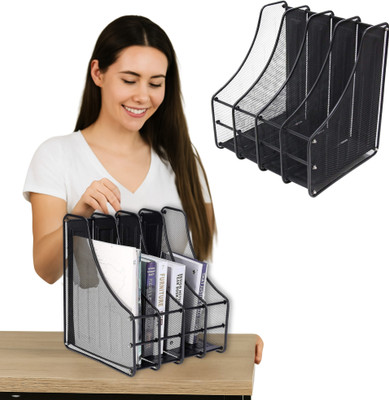 Novelty Store 4 Compartments Metal File Rack, File Holder(Black)