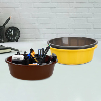 KUBER INDUSTRIES 3 Compartments Plastic Desk Organizer(Yellow & Gray & Brown)