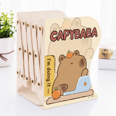 TUHI 3 Compartments Steel Expandable Desktop CAPYBABA Bookend Stand Adjustable Book Rack(I am doing it)(Cream)