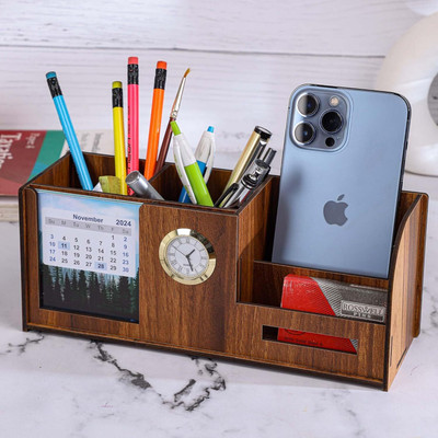OCHHAV 4 Compartments Pen Stand with Calender, Clock, Business Visiting Card and Mobile Holder | Wooden Pen & Pencil Stand With Visiting Card & Mobile Holder For Desk organizers(Brown)