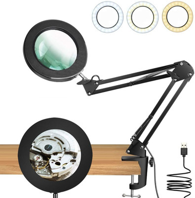 ELEPHANTBOAT Desk LED Magnifier 10X with Flexible Arm USB Powered 3 Color Light for Reading 10X Magnifying Glass(Black)