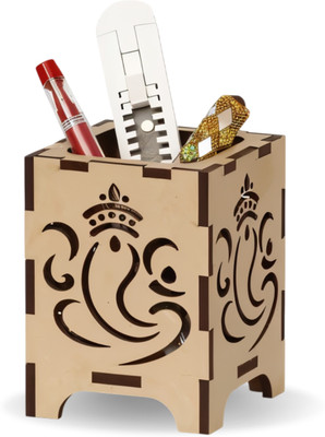 Print Ginnie 1 Compartments MDF Wooden Ganesh Design Pen Stand Desk Organizer for Office, Home & Study Table(Ligth Brown)