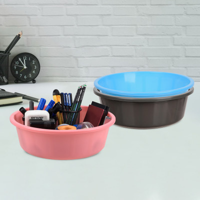 KUBER INDUSTRIES 3 Compartments Plastic Desk Organizer(Gray & Sky Blue & Light Pink)