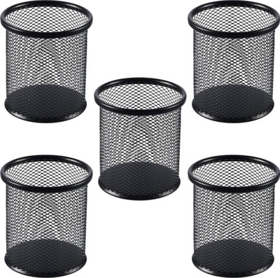 Goodwill Tech 5 Compartments Metal Pen Stand 5-Pack – Black Round Mesh Desk Organizer Holders for Stationery(Black)