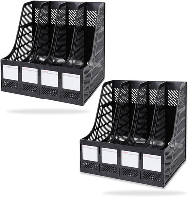 KRAPTICK 4 Compartments Plastic File Rack, Office Desk Organizer, Plastic File Storage Box, File Holder for Documents(Pack of 2 - Black)