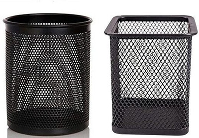 BOLDNYOUNG 2 Compartments Metal mesh (Round and Square) Pencil Pen Holder | Stationary Table Desk Organizer(Black)