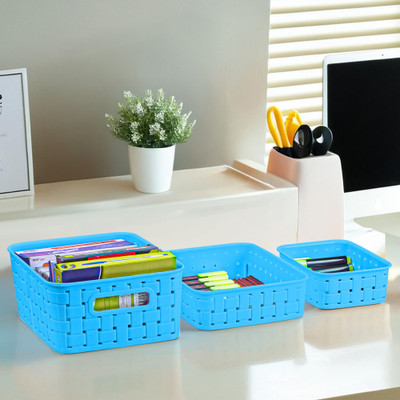 KUBER INDUSTRIES 3 Compartments Plastic Desk Organizers(Blue)