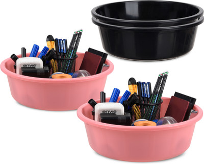KUBER INDUSTRIES 4 Compartments Plastic Desk Organizer(Black, Light Pink)