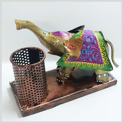 One Four Seven 1 Compartments Baby Elephant Pen Stand Hand Painted Over Powder Coated Iron Pend Stand(Multicolor)