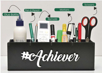 Radhya Creation 4 Compartments WOODEN MOTIVATIONAL DESK ORGANIZER/PEN &PENCILS HOLDER//OFFICE STATIONARY(Black)