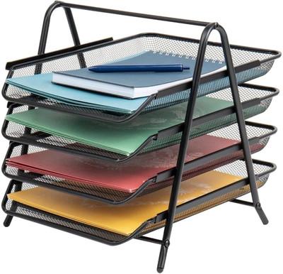AQUABUCKET 4 Compartments Metal File Storage Tray(Black)