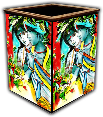 pnf 1 Compartments wooden Colourful Wooden Pen Stand with photo of Radha Krishna -12053(Multicolor)
