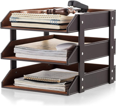 Vanquish 3 Compartments Wood, Leather Letter Tray Office Supplies Paper File Magazine Office Organization for Desktop(Brown)