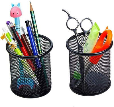 STUFFCOLLECTION 2 Compartments Metal Metal Mesh Pencil, Pen Stand for Office Table /Makeup Brush Holder ( Pack of 2)(Black)