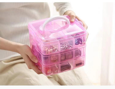 AK10ZONE 18 Compartments Plastic 3 Layers 18 Grid Plastic Transparent Jewelry Storage Box Portable(Pink)