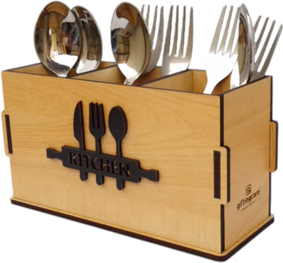 Giftingcare 3 Compartments Wooden Cutlery Stand for Kitchen Compartments for Spoon Knife Fork Holder Kitchen Utility Wooden Utensil Countertop Organizer for Kitchen & Restaurant(Maple)