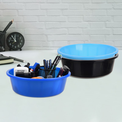 KUBER INDUSTRIES 3 Compartments Plastic Desk Organizer(Black & Sky Blue & Blue)