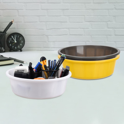 KUBER INDUSTRIES 3 Compartments Plastic Desk Organizer(Yellow & Gray & White)