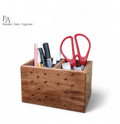 Fia International 2 Compartments Wood Desktop Storage Organizer Caddy Holder(Brown)
