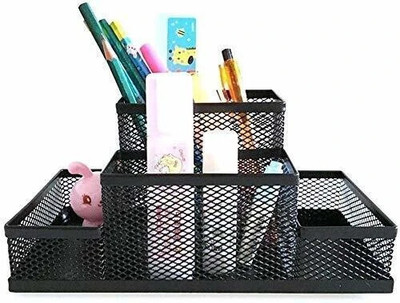 DUS 4 Compartments Metal Pen and Pencil Stationary Storage(Black)