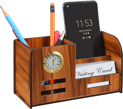 ravariya graphics 3 Compartments Wooden Pen & Pencil Holder With Watch And Business Card Stand For Office Table Wooden Holder With Watch For Pen / Pencil / Mobile / Visiting / Business Card(Brown)