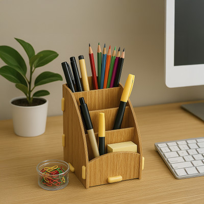 The Better Home 4 Compartments Engineered Wood Pencil Holder(Brown)