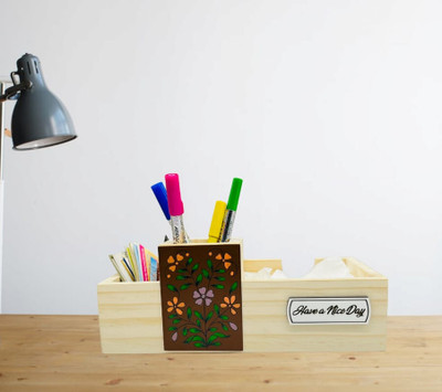 Angira handicrafts 4 Compartments Pine Wood Wooden desk organizer with 4 compartment|Pen holder|Mobile holder| AHS-T1713(Multicolor)