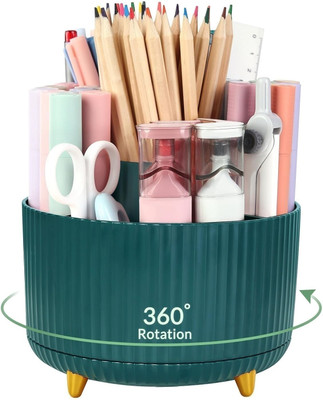 JIGSHTIAL 5 Compartments 360° Rotating Plastic Organizer For Pen,Pencil,Remote(Dark Green)