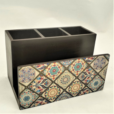 NAOE 4 Compartments Wooden Wooden Cutlery Tissue Holder(Brown)